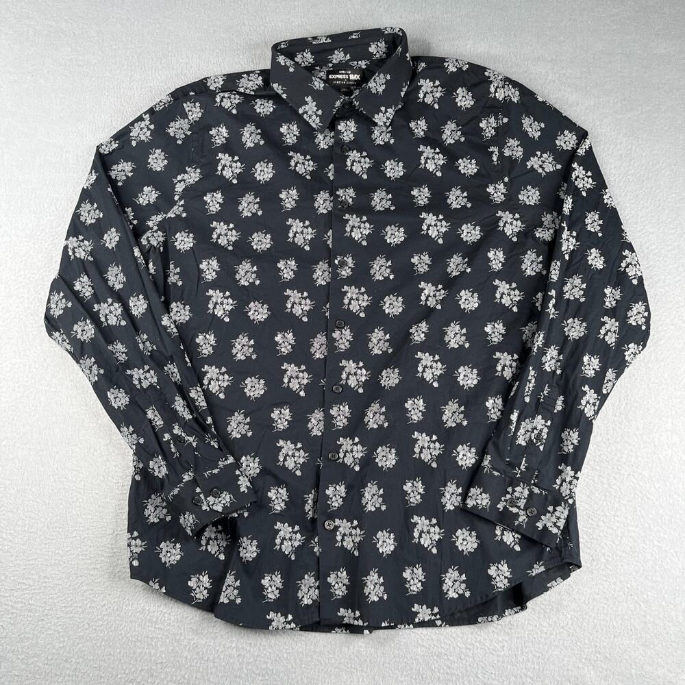 Express 1MX Shirt XL Black Floral Extra Slim Stretch Button Up Long Sleeve Mens - Picture 1 of 11